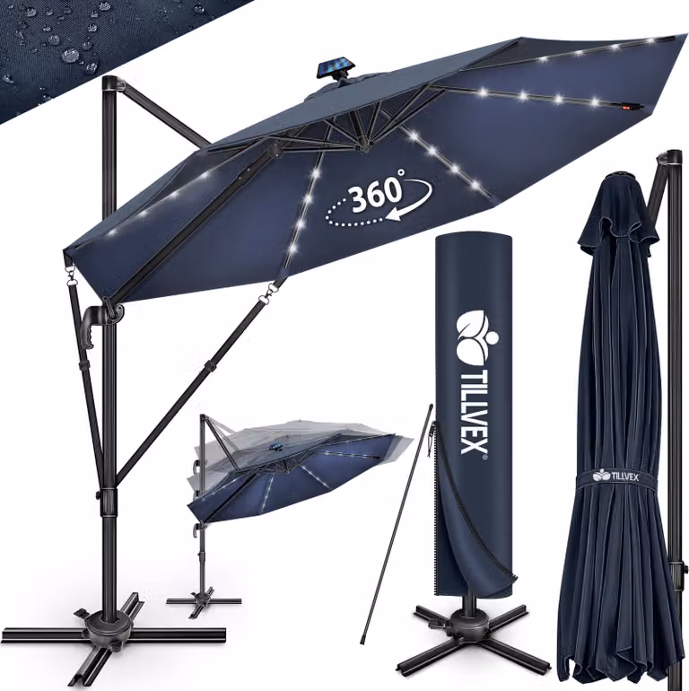 tillvex® Premium ombrellone in alluminio 330 cm blu navy + copertura e protezione dal vento | ombrellone a sbalzo 6 pieghevole regolabile con manovella | ombrellone da giardino girevole a 360° inclinabile | ombrellone a manovella UV50+ grande impermeabile