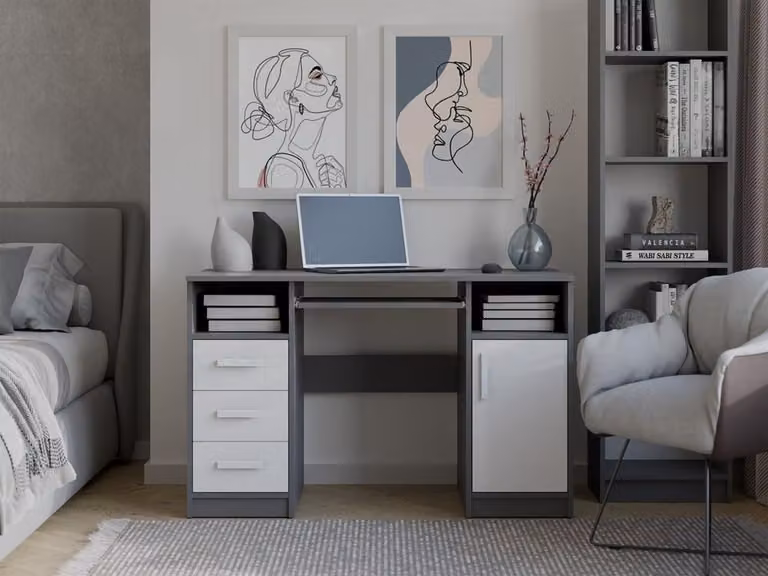 Scrivania per PC con cassetti e armadietto BELLUNO - antracite / bianco
