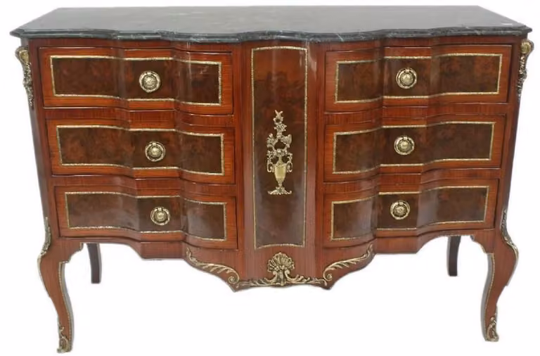 Casa Padrino Cassettiera barocca marrone / oro / verde 130 x 50 x h. 90 cm - Cassettiera artigianale in legno massiccio con 6 cassetti e piano in marmo - Mobili barocchi