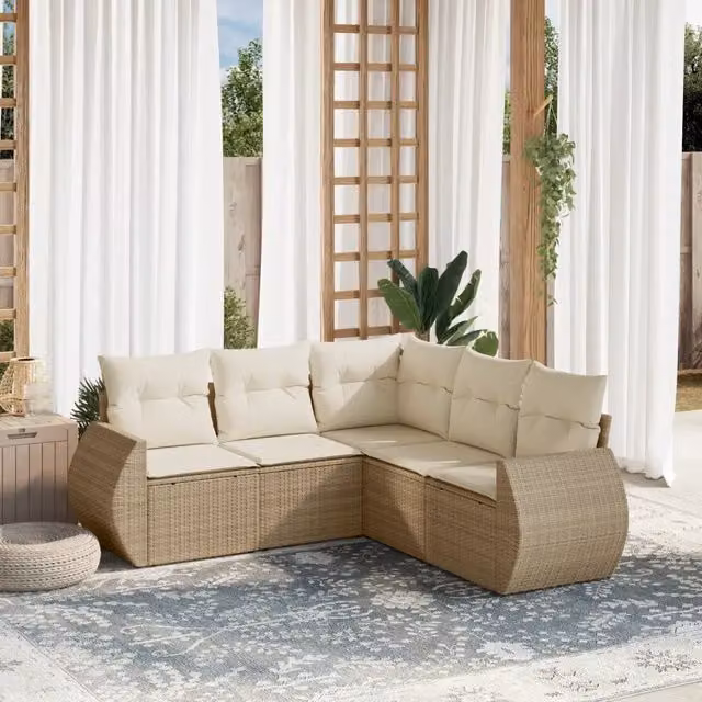 Set Divano da Giardino a L vidaXL 5 Pezzi in Polyrattan con Cuscini Beige e Struttura in Acciaio Verniciato a Polvere