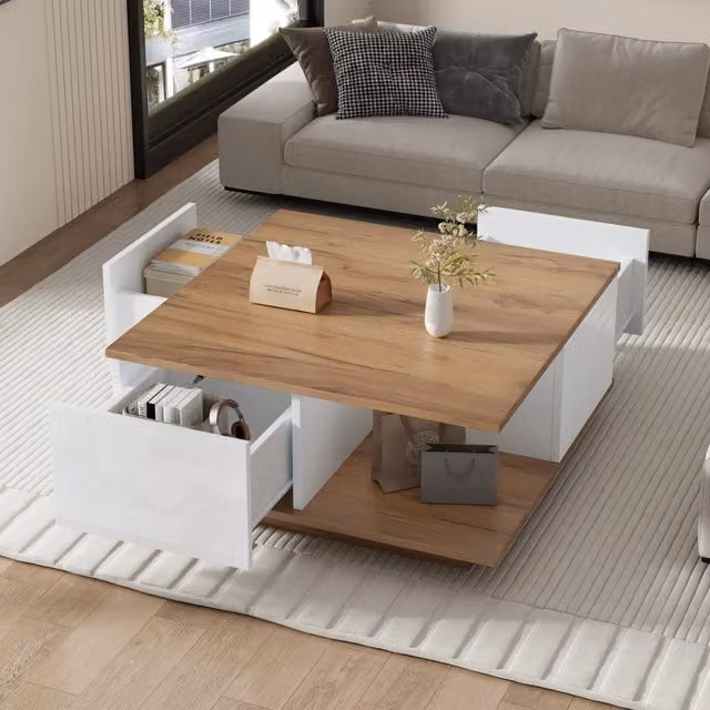 Tavolino basso quadrato Mivray per soggiorno con 3 cassetti e vano semiaperto, bianco e noce, L 70 cm x P 70 cm x H 31.5 cm