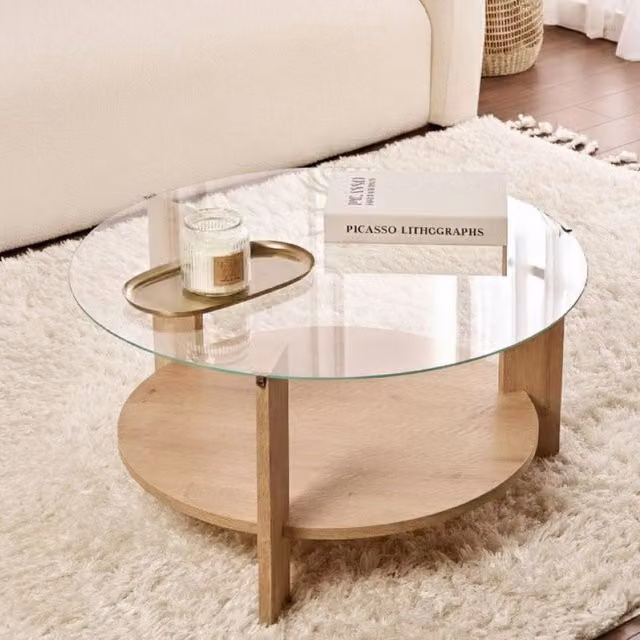 Tavolino da salotto rotondo Canevino DMORA in legno rovere marrone e vetro trasparente L: 75 cm, P: 75 cm, H: 40 cm – 1