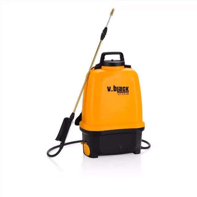Pompa irroratrice a batteria V.Black Vita Volpi da 16 litri con lancia telescopica in alluminio e ottone, modello a zaino nero e giallo con luce LED
