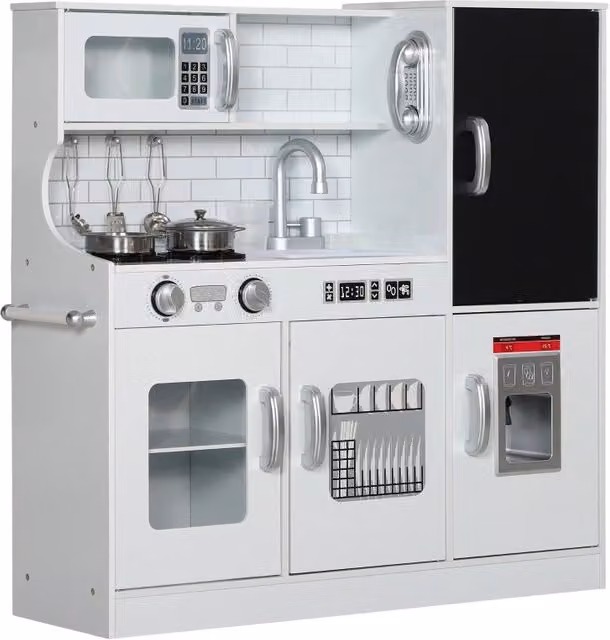 Cucina giocattolo bianca per bambini con telefono, lavagna, microonde, fornelli, lavello, macchina per il ghiaccio e accessori – 1