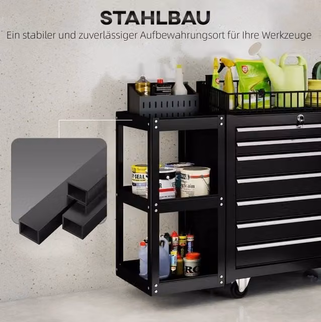 Carrello portautensili nero con 7 cassetti e ripiano removibile in acciaio e plastica con ruote e serratura L/P/H: 120 x 68 x 39,5 cm