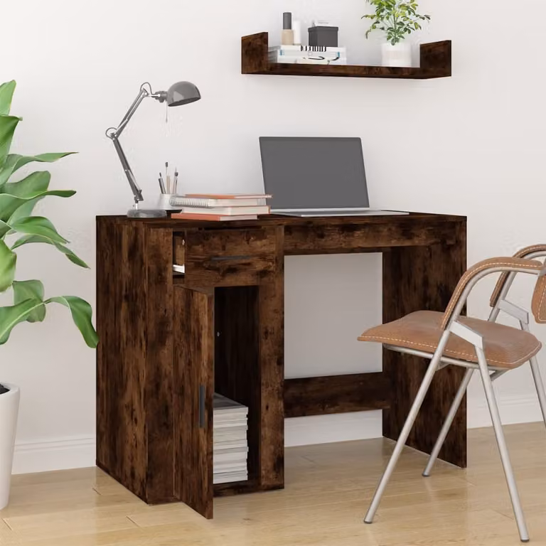 The Living Store Scrivania in rovere fumé 100x49x75 cm Materiale in legno