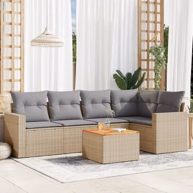 Set Divano da Giardino 6 pz con Cuscini Beige in Polyrattan 3224113