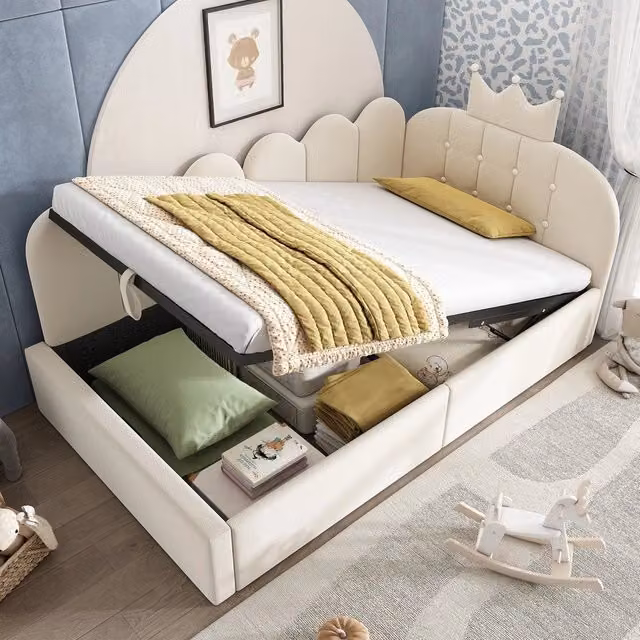 Divano letto imbottito 90x190 cm - Zephmum - Con contenitore idraulico, design a griglia corona, velluto beige