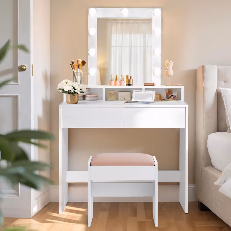 VASAGLE: toletta con illuminazione a LED, sgabello, mobile da toeletta con 2 cassetti e 3 ripiani aperti, sgabello da trucco in velluto, per camera da letto