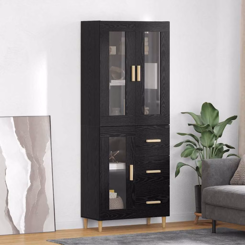 Credenza moderna vidaXL in legno MDF nero con ante in vetro e cassetti L: 69,5 cm, P: 34 cm, H: 180 cm
