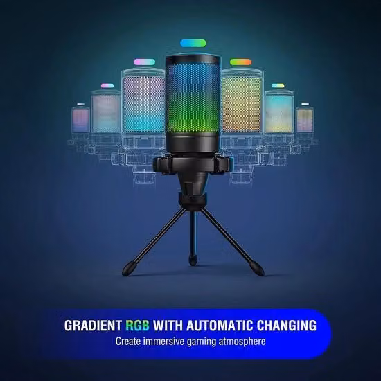 Microfono da gaming USB a condensatore con illuminazione RGB e connessione USB-C, compatibile con PC, PS4 e PS5, colore nero multicolore, completo di treppiede e filtro anti-pop