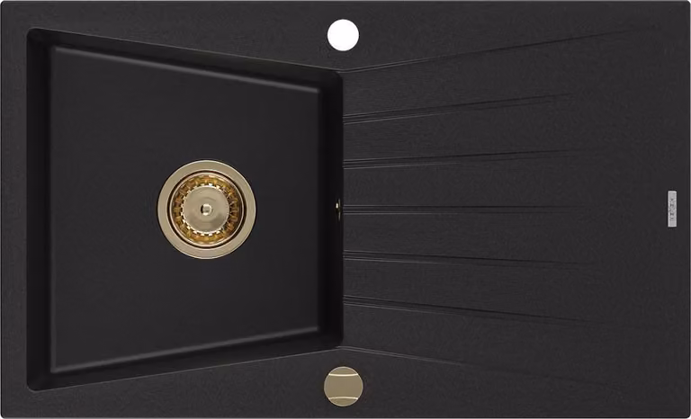 Mexen Cesar lavello in granito 1-vasca con scolapiatti 775 x 470 mm, nero, sifone dorato - 6514771010-77-G