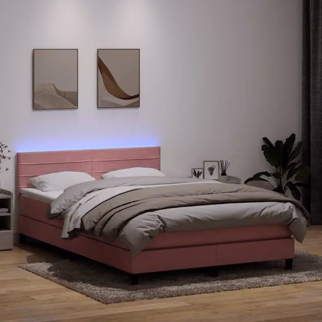 Letto Ibrido con Materasso a Molle Insacchettate e Illuminazione LED vidaXL in Velluto Rosa L/P/H: 140 x 200 x 213 cm