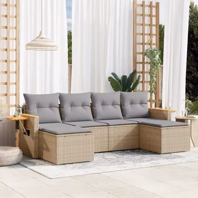 Set Divano da Giardino VIDAXL a L in Polyrattan con Cuscini Beige e Grigio per 6 Persone