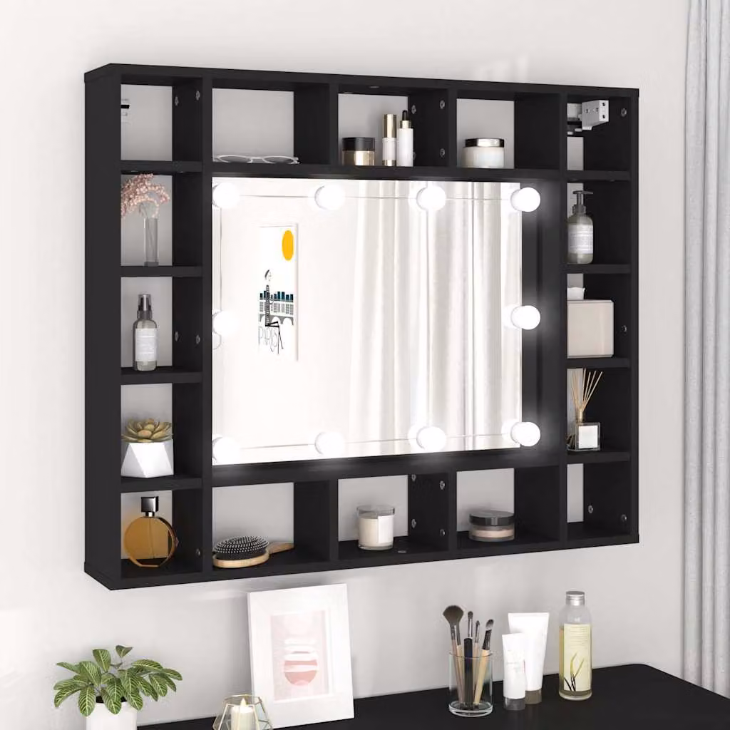 Armadietto a specchio con LED vidaXL nero per bagno con ante in vetro e ripiani interni L: 91 cm, P: 15 cm, H: 76,5 cm