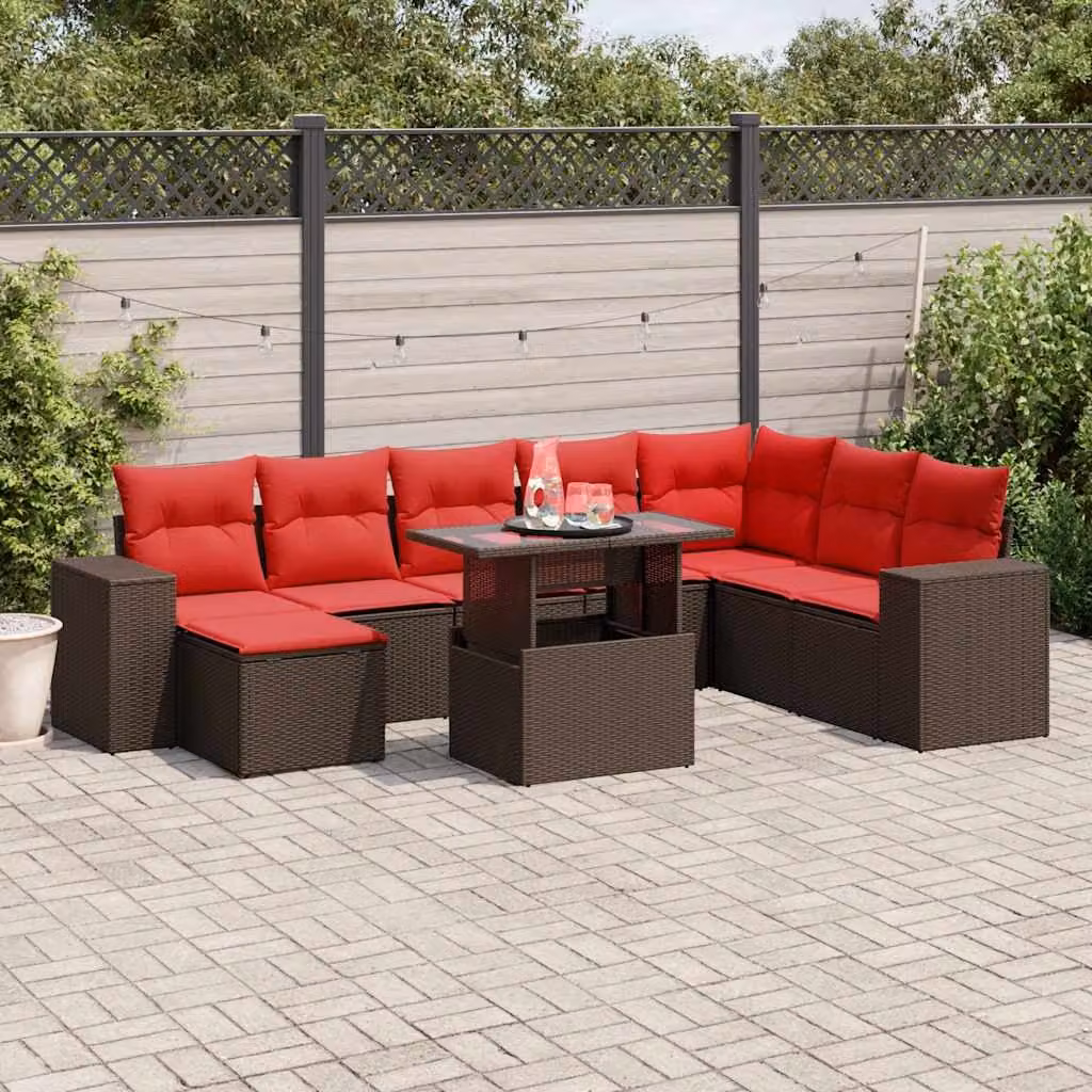 vidaXL Set Divani da Giardino 9 pz in Polyrattan Marrone con Cuscini e Tavolino da Esterno