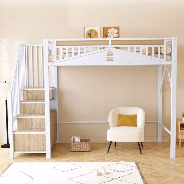 Letto a soppalco singolo MIVRAY con scale contenitore e armadietto, struttura in metallo e legno bianco, L/P/H: 90 x 200 x 170 cm