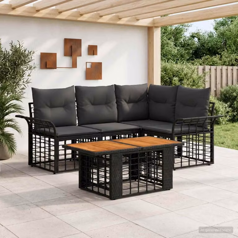 Set Divano da Giardino vidaXL 5 Pezzi in Polyrattan con Tavolino e Cuscini, Design Moderno a L, Nero e Grigio