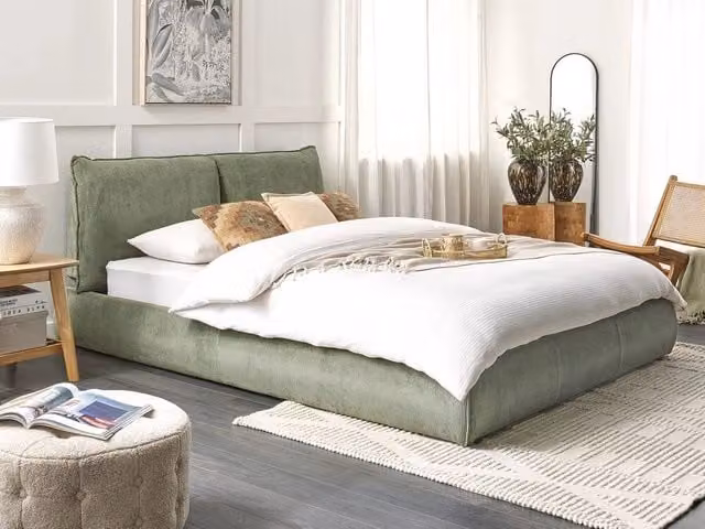 Letto matrimoniale Beliani imbottito in velluto a coste verde con rete a doghe L/P/H: 160 x 200 cm – 1
