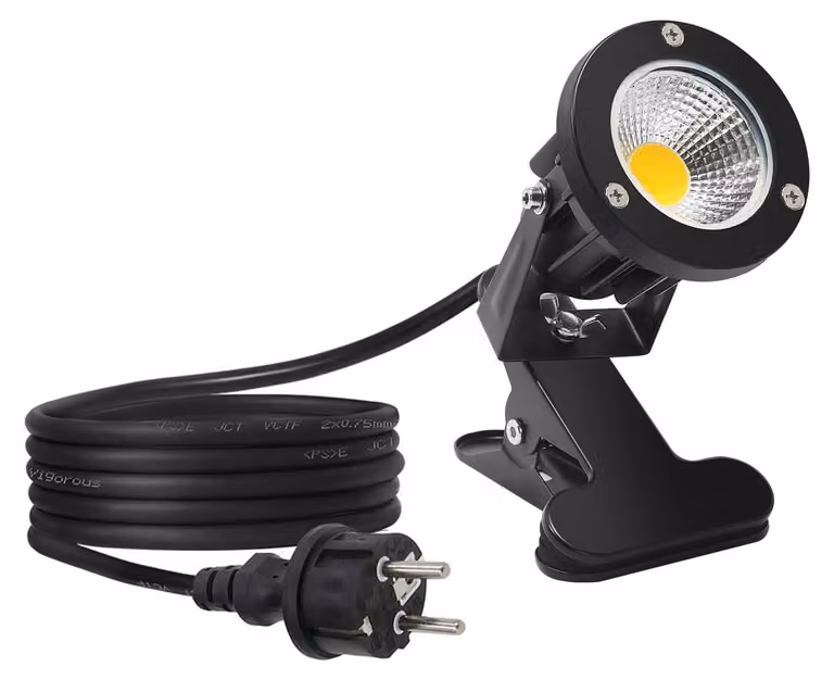 Fareto a LED da 7W, luce calda (2700K), grado di protezione IP65, con clip, cavo da 2 metri