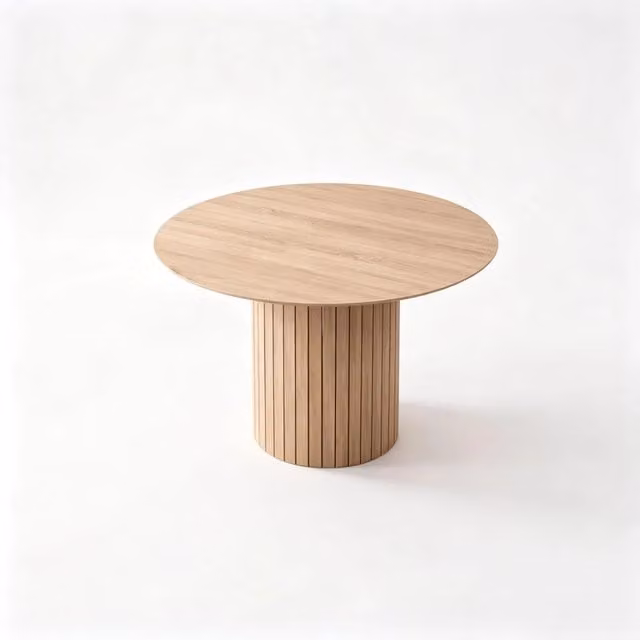 Tavolo da pranzo rotondo in legno marrone chiaro per 4–6 persone con base cilindrica diametro 120 cm altezza 76 cm