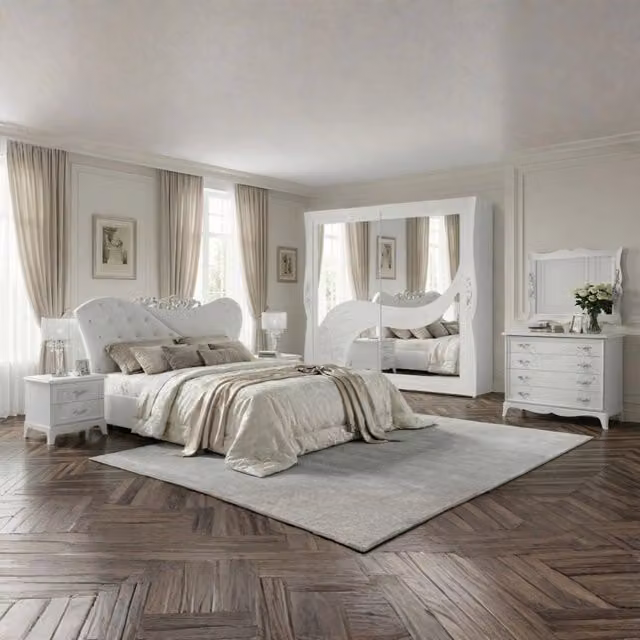 Set camera da letto completa Veriaffari bianca con letto imbottito a contenitore, armadio, cassettiera, comodino e specchio – 1