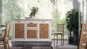 Credenza Charlotte Kivio in legno massiccio bianco e noce con decoro geometrico shabby chic