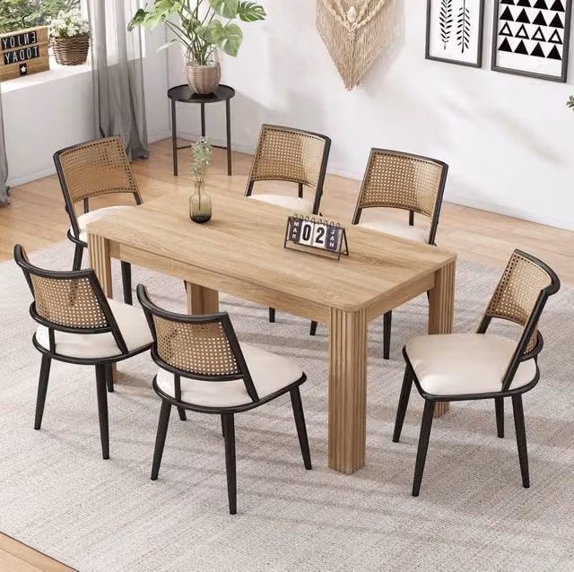 Set di 6 sedie nere con schienale in rattan e seduta in PU