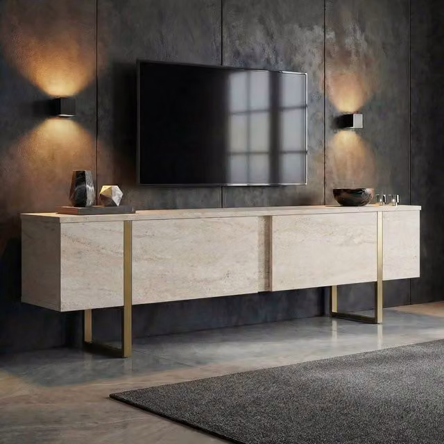 Abishia, Mobile Porta tv 2 Ante, 180x30x50h cm Bianco Marmo