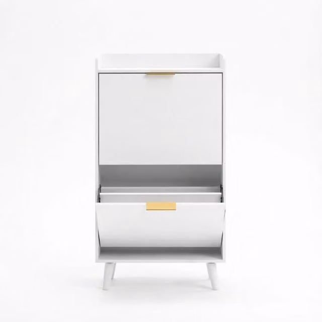 Scarpiera moderna bianca con 2 ante a ribalta e vani interni per ingresso L: 70 cm, P: 30 cm, H: 120 cm