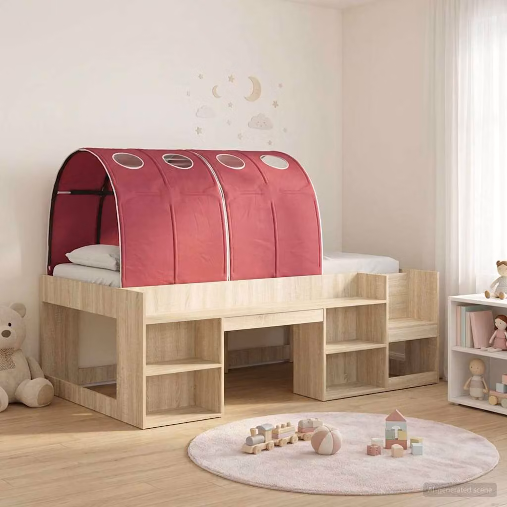 Letto alto singolo per bambini vidaXL con contenitori laterali e scale, Rovere Sonoma e Rosso, L: 203 cm, P: 120 cm, H: 118,5 cm