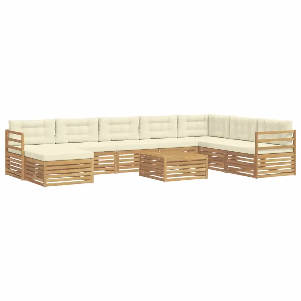 Set di divani da esterno a L vidaXL in legno di acacia con tavolino e pouf, Bianco e Beige – 2