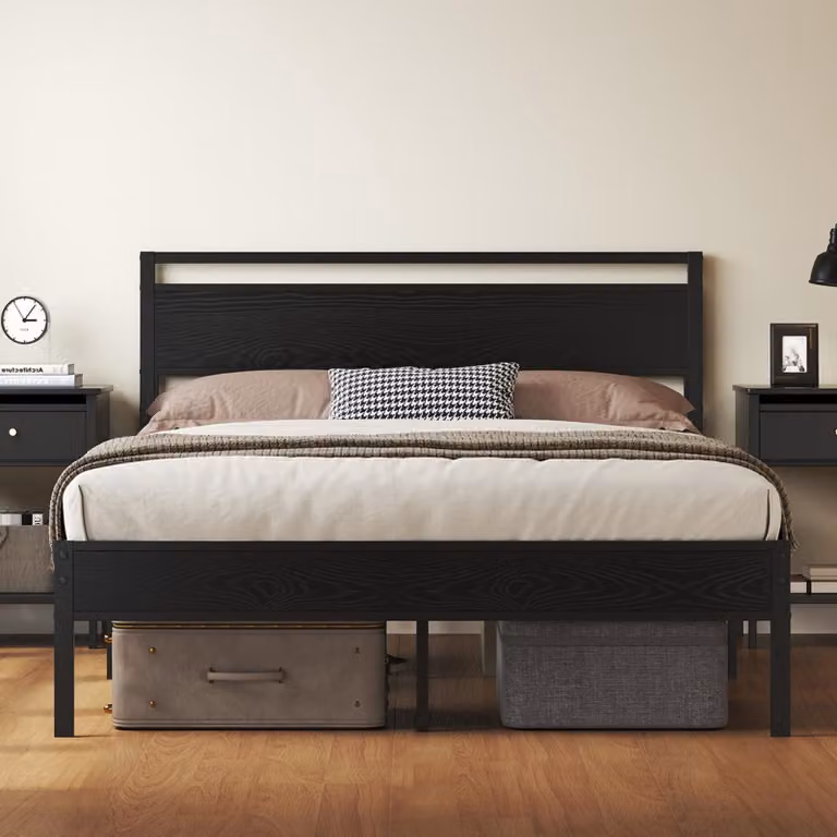 Letto 140x200 cm con rete a doghe, contenitore, struttura in metallo, colore nero
