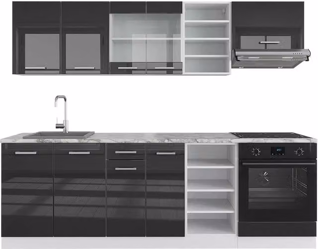Cucina componibile moderna R-Line Vicco colore antracite lucido e bianco, larghezza: 240 cm – 1