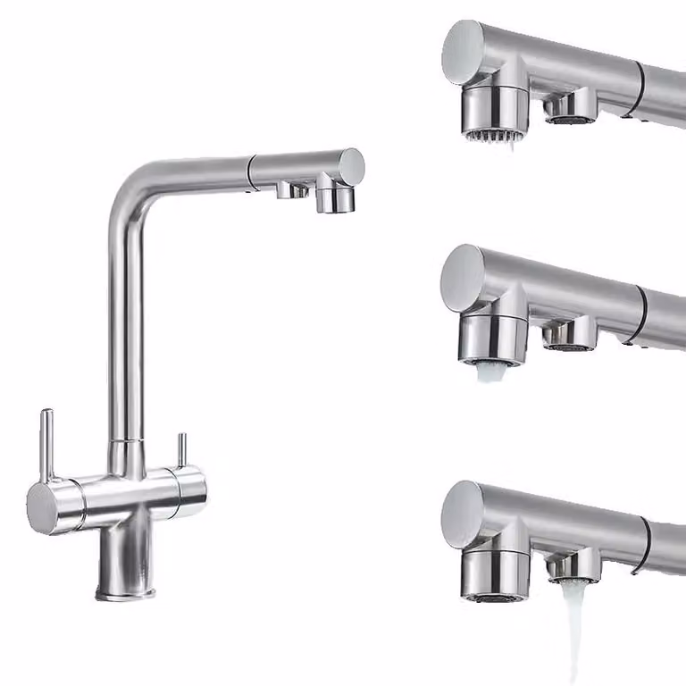 Filtro per l'acqua da installare sul rubinetto della cucina, con ugello estraibile, due manopole e finitura in nichel spazzolato