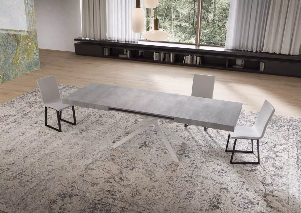 Tavolo allungabile moderno Niketis Bs Com con piano in cemento grigio e gambe bianche L/P/H: 160-420 x 90 x 74 cm – 2