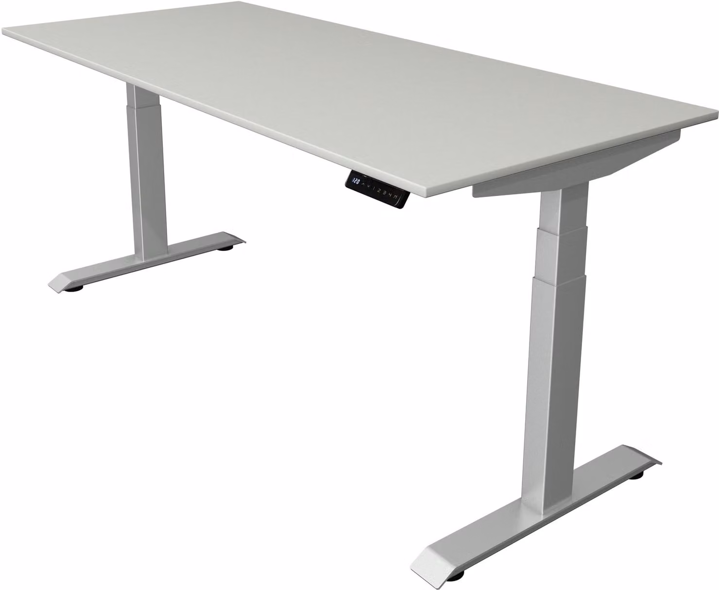 Scrivania regolabile in altezza elettricamente Kerkmann Move 4, colore grigio chiaro, forma rettangolare, struttura a telaio a T, colore argento, dimensioni 180,0 x 80,0 cm