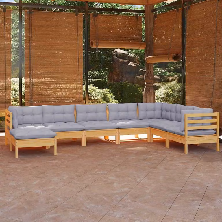 Set di divani da giardino vidaXL a forma di L composto da 8 pezzi in legno massello di pino con cuscini grigi
