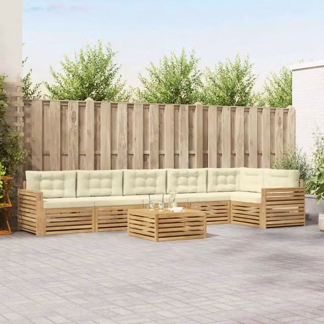 Set di divani da esterno a L con tavolino vidaXL, 7 pezzi in legno di acacia con cuscini bianchi e beige – 1