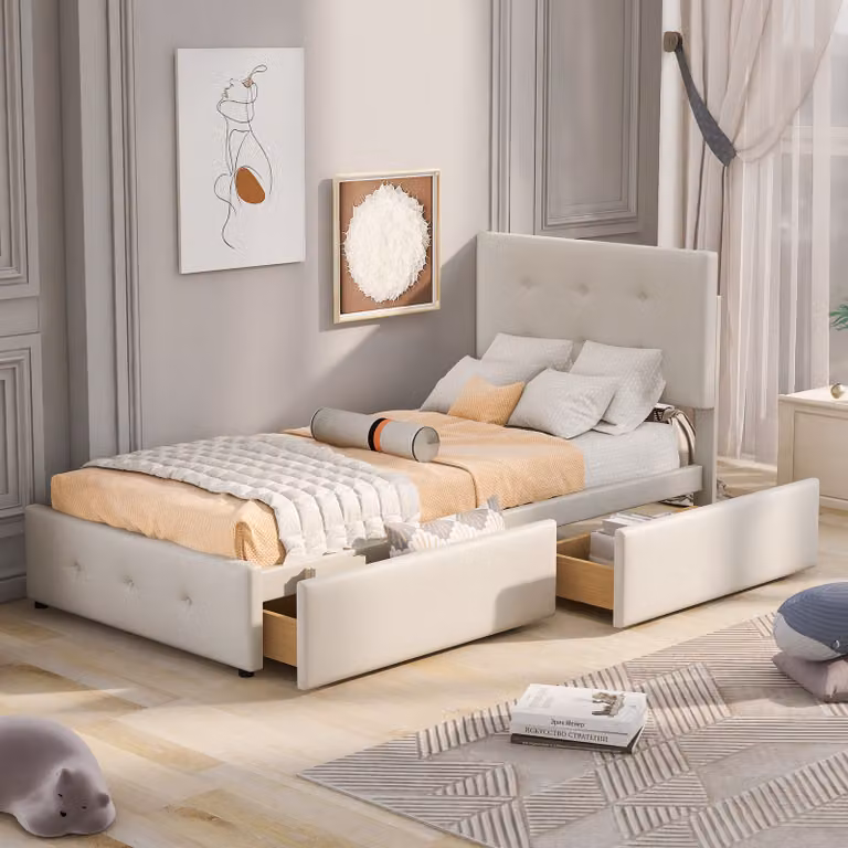 Letto imbottito Merax 90x200cm con testata regolabile in altezza, letto in legno singolo con due cassetti e rete a doghe, letto per ragazzi in velluto, letto per bambini, beige