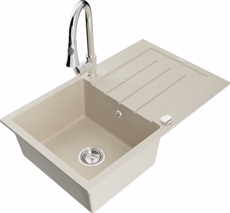 Mexen Bruno lavello in granito a 1 vasca con sgocciolatoio e rubinetto da cucina Elia, beige - 6513-69-670101-00