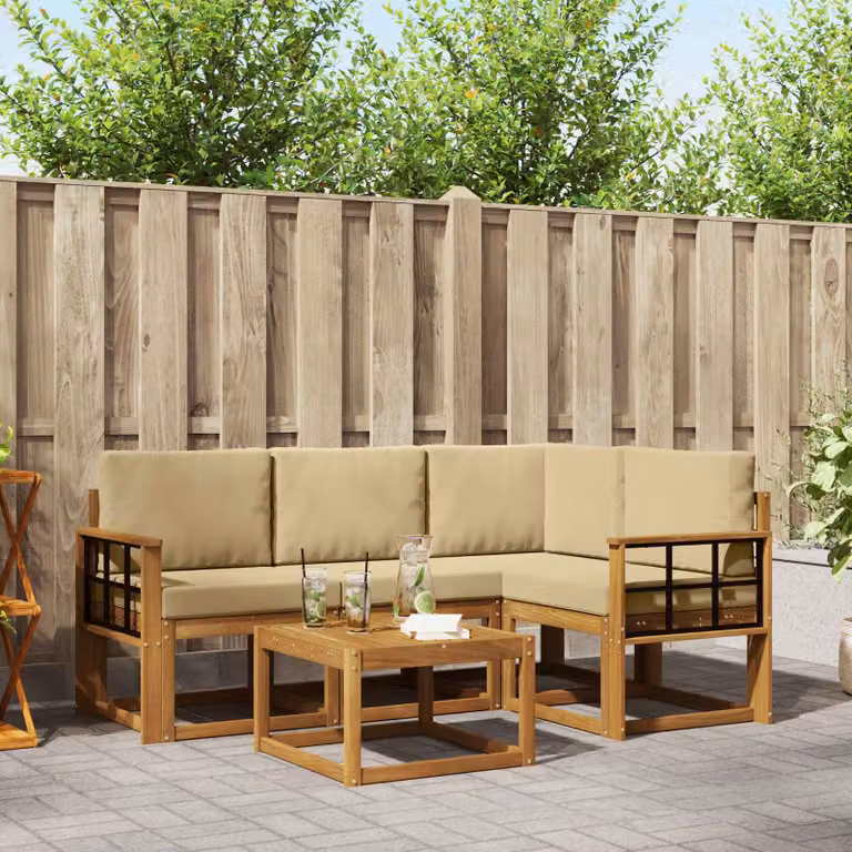 Set di divani da esterno vidaXL 5 pezzi in legno di acacia con cuscini, colore naturale e beige