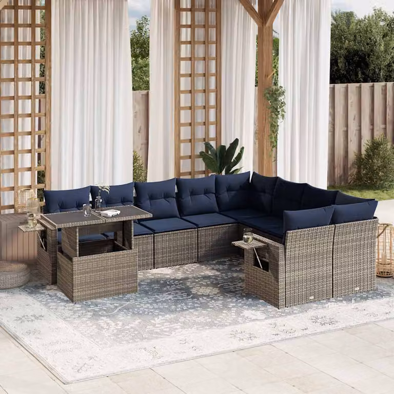 Set di divani da giardino vidaXL in polyrattan grigio con cuscini e tavolino da esterno a forma di L