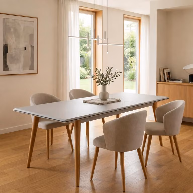 Set da pranzo elegante, bianco, composto da un grande tavolo e cinque sedie imbottite