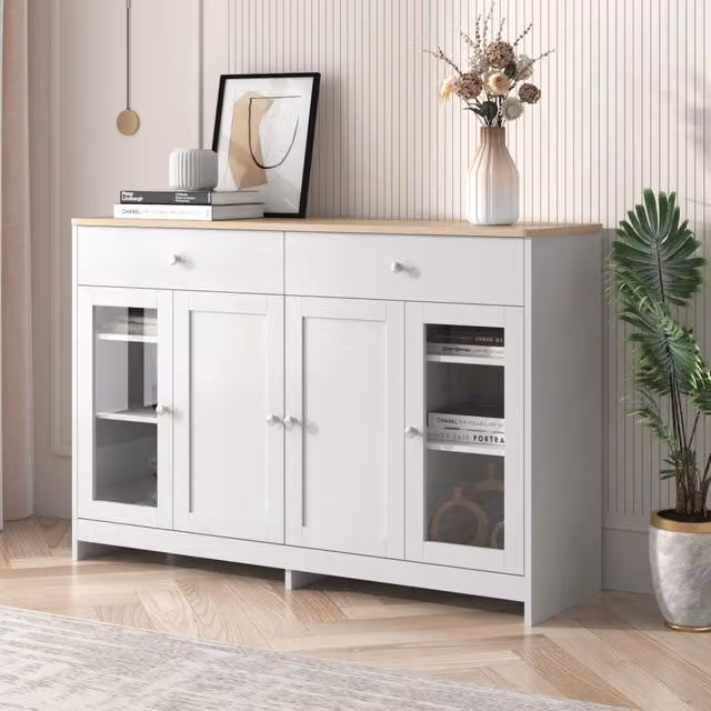 Credenza per sala da pranzo con 2 cassetti 4 ante ripiani regolabili MDF bianco e color legno 120 × 37 × 80 cm