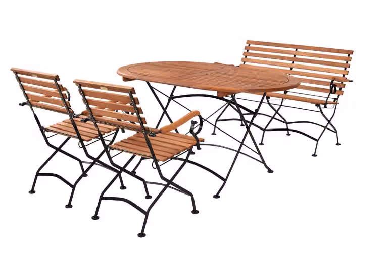 Set di mobili da giardino Merxx Schlossgarten 4 pezzi, 2 sedie pieghevoli, panca pieghevole a 2 posti, tavolo pieghevole 140 x 90 cm - acciaio piatto con eucalipto