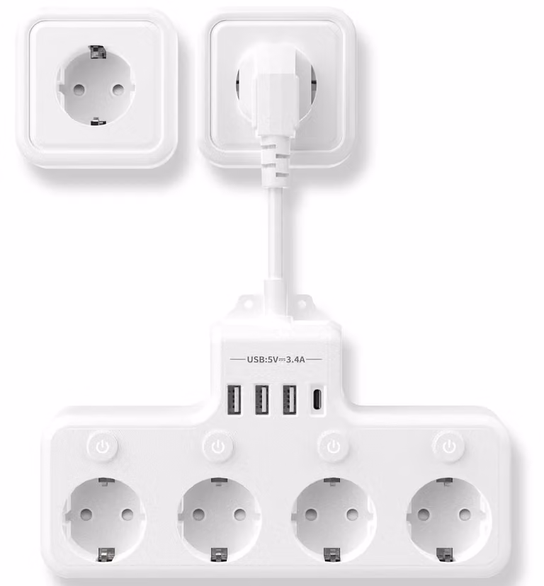 Ciabatta multipresa con interruttore individuale – 4 prese, presa a muro e porte USB