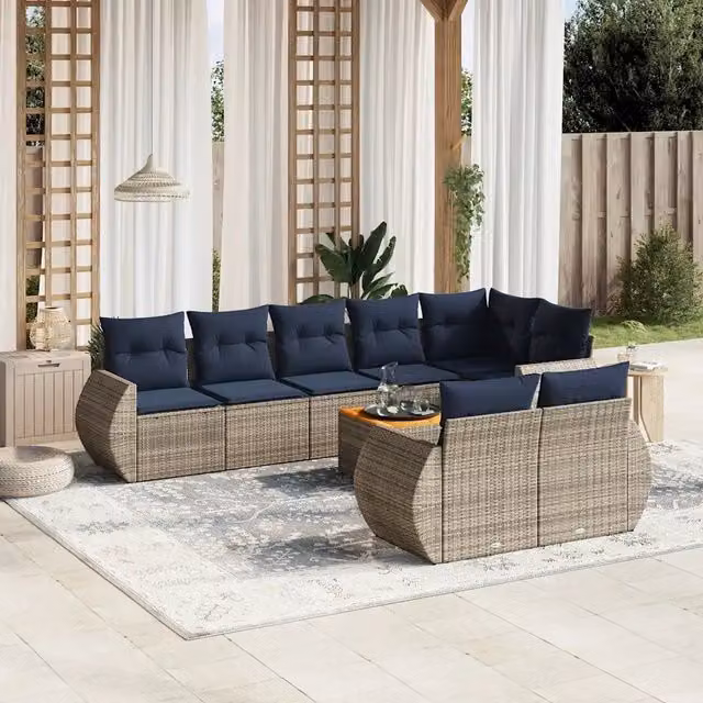 Set Divani da Giardino 9 pz con Cuscini Grigio in Polyrattan 3225095