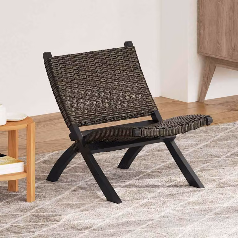 Sedia Relax vidaXL Nera in Rattan Kubu Naturale e Mogano Massello L: 70 cm, P: 77 cm, H: 60 cm