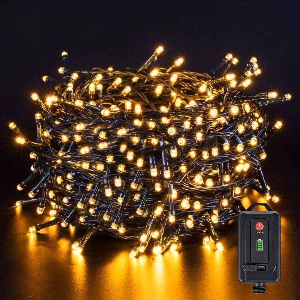 Catena luminosa da 40 metri, con 300 LED, luce bianco caldo, alimentazione a batteria, timer integrato, grado di protezione IP44